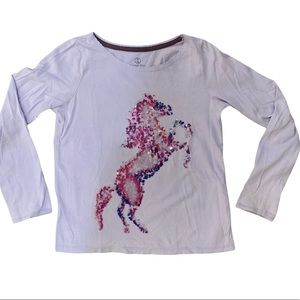 Lands’ End flip sequin horse shirt, size 7-8